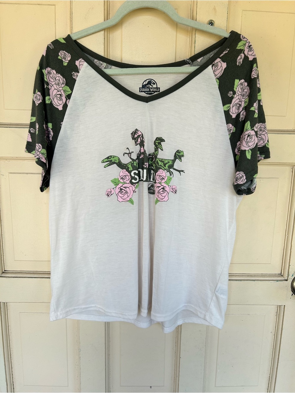 Jurassic Park Floral V Neck Short Sleeve Dinosaur Top Pink Green Women's XL
